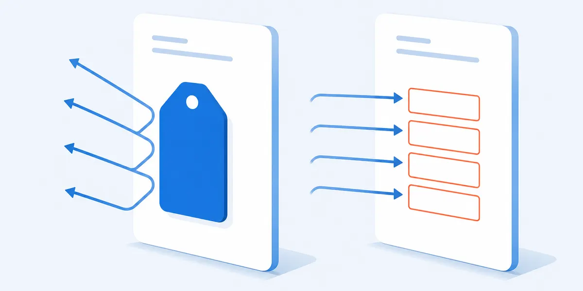 Two survey cards side by side: on the left a price tag already printed on the card with arrows bouncing off it, on the right a card with four empty boxes and four arrows flowing into them