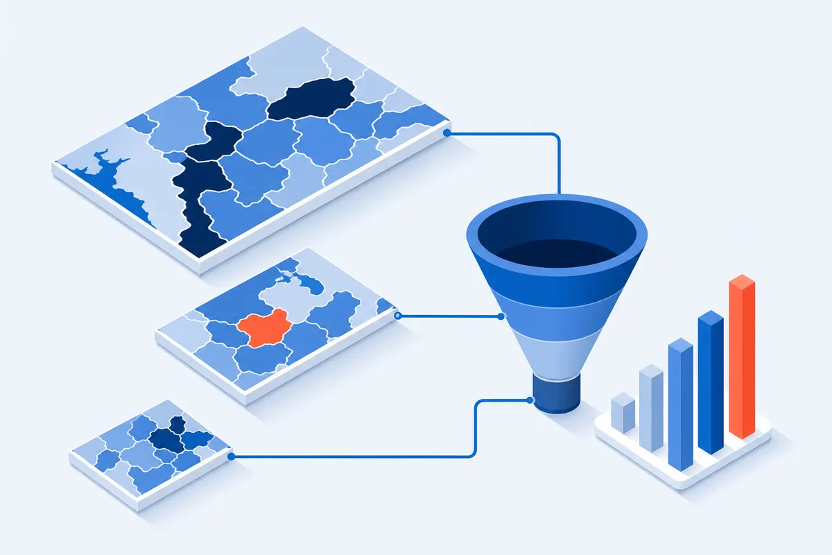 Isometric illustration of three territory map tiles of different sizes, one picked out in coral, feeding through a routing line into a single sales funnel beside a small bar chart