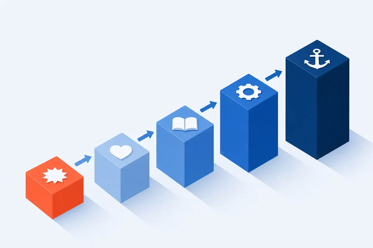 An isometric path of five ascending blocks connected by arrows, each carrying a simple abstract glyph, with the first block picked out in a warm accent colour