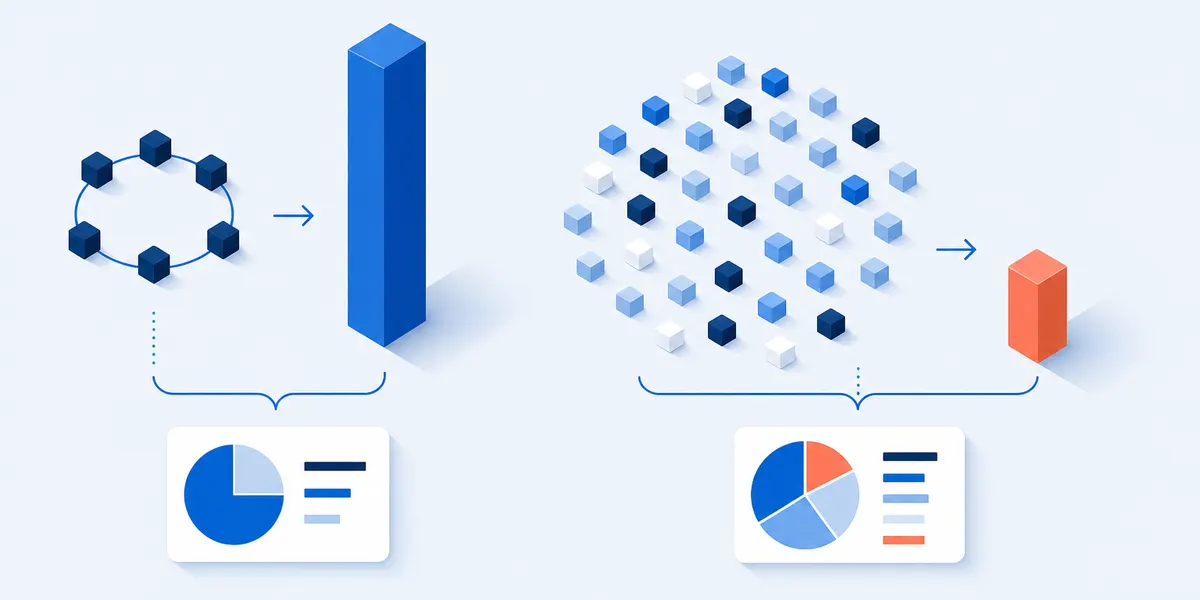 Brand awareness survey sampling frames: a small closed ring of existing customers feeding a full column, beside a wide open field of the whole category feeding a much shorter one