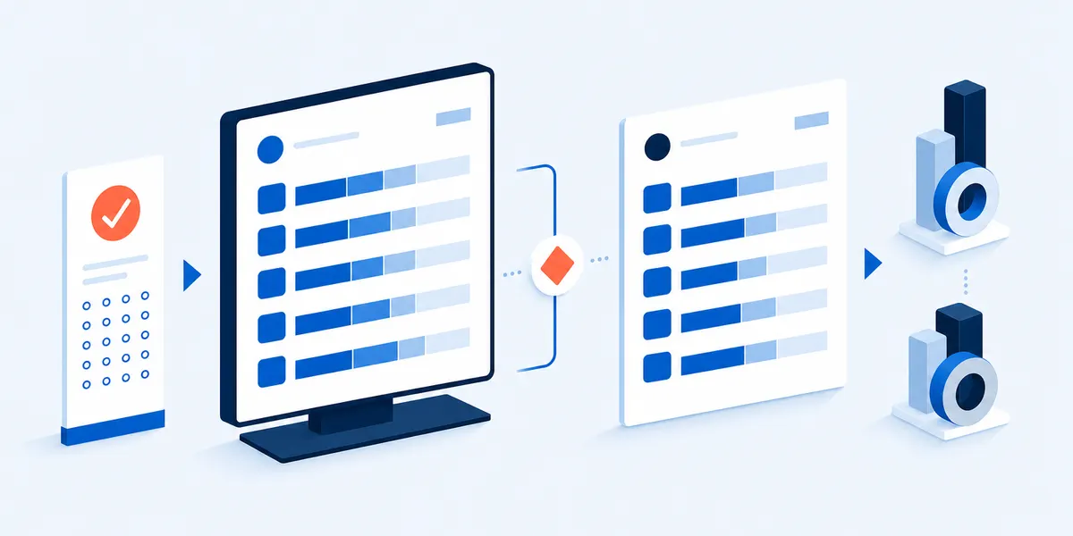 A brand perception survey asking the same six attribute items about two named brands, one brand to a screen, with a familiarity check standing in front of both