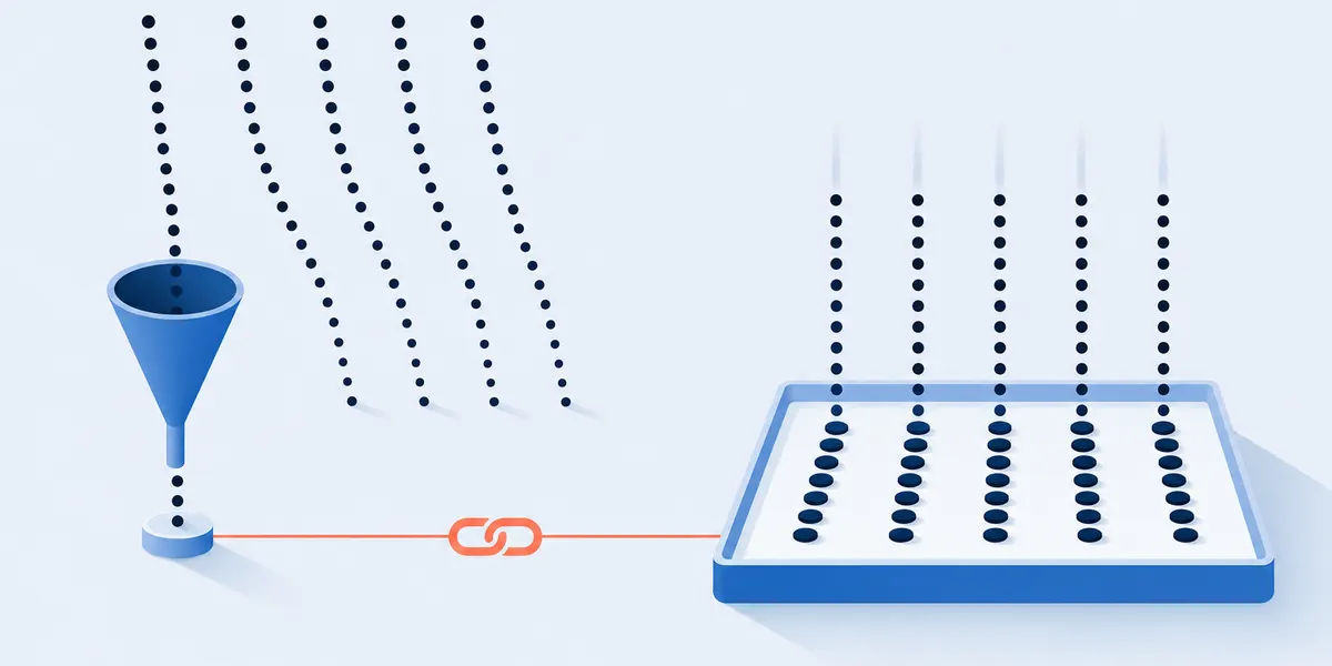 A narrow funnel catching one falling stream of markers while four others fall past it, beside a wide tray joined by a link symbol that catches all five