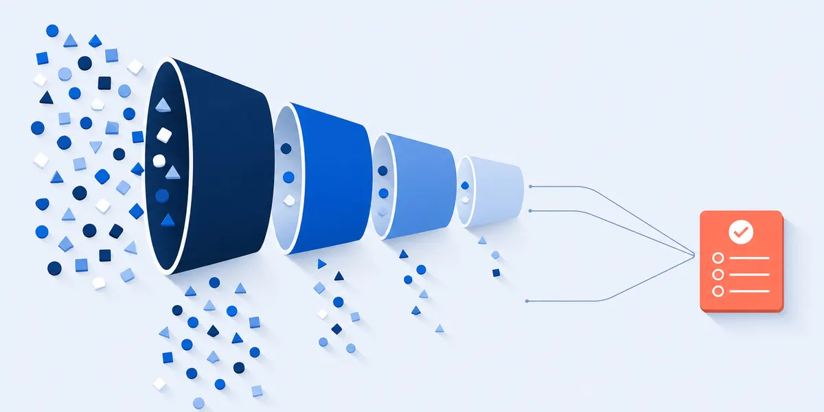 Candidate experience survey shown as a narrowing hiring funnel, with applicants falling away at every stage and one survey card waiting past the end of it