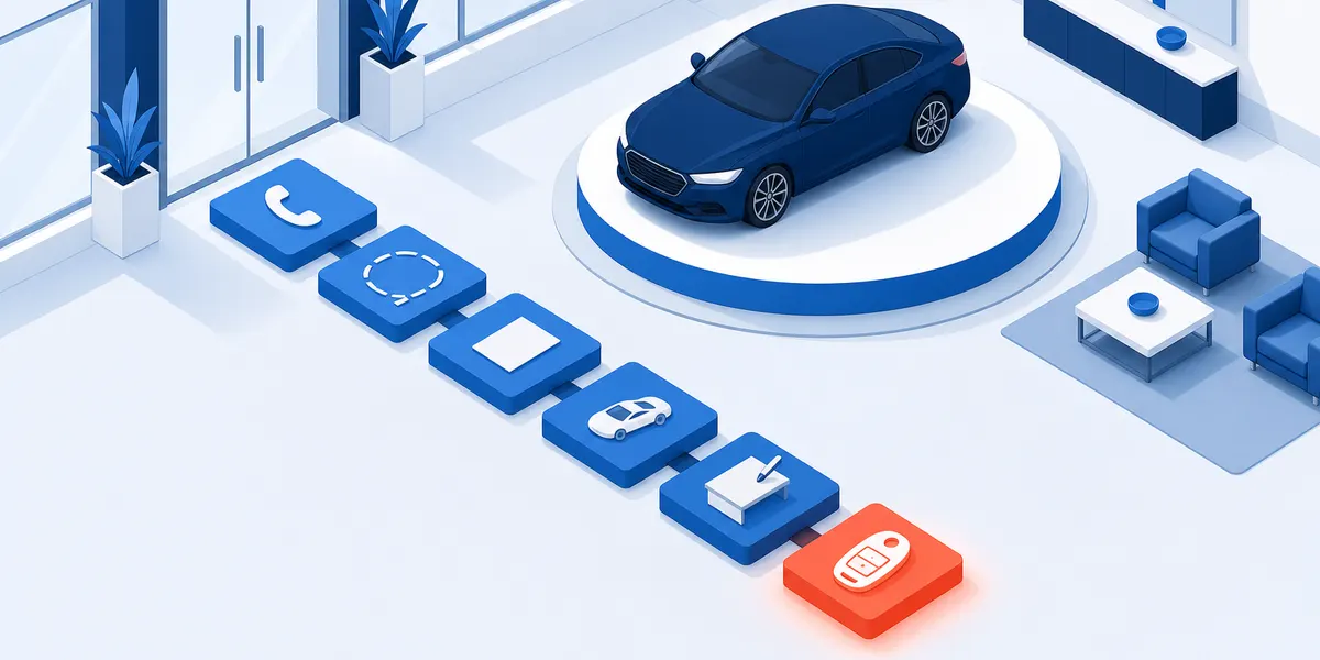 An isometric showroom with a car on a turntable and a path of floor tiles running from the door, the last tile highlighted in coral and showing a key fob
