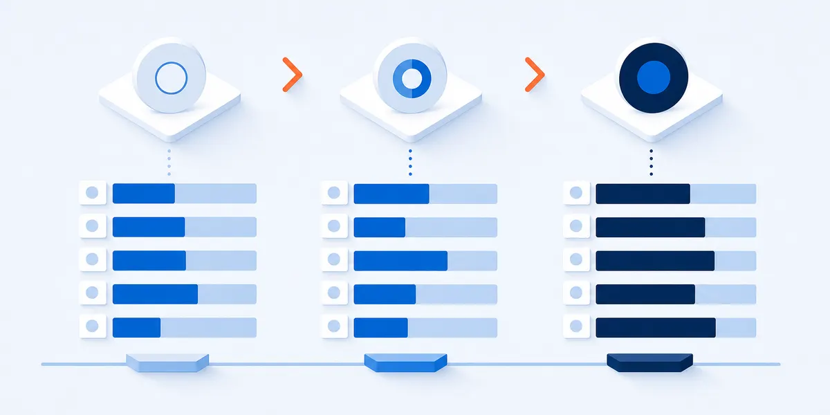 Three columns of five bars under three dials that fill a little more from left to right, joined by arrows along one timeline