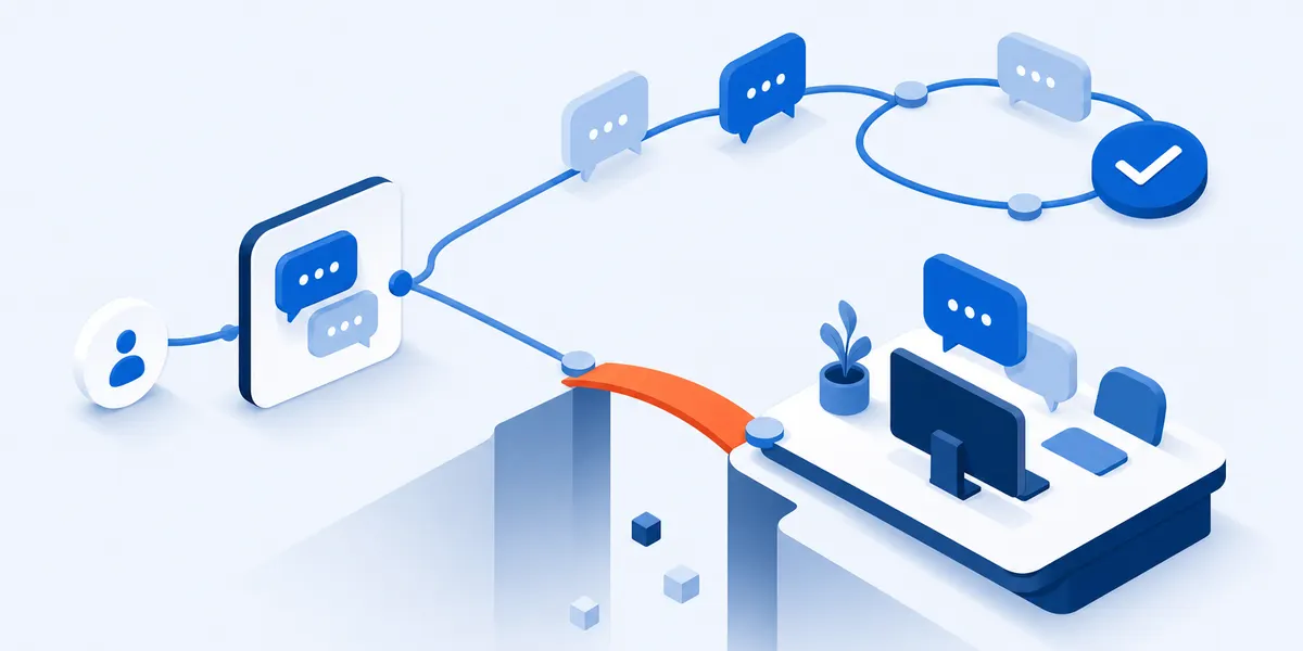 An isometric diagram of one chat conversation splitting into two paths: one loops round to a completed marker, the other crosses a coral bridge over a gap to a human support desk