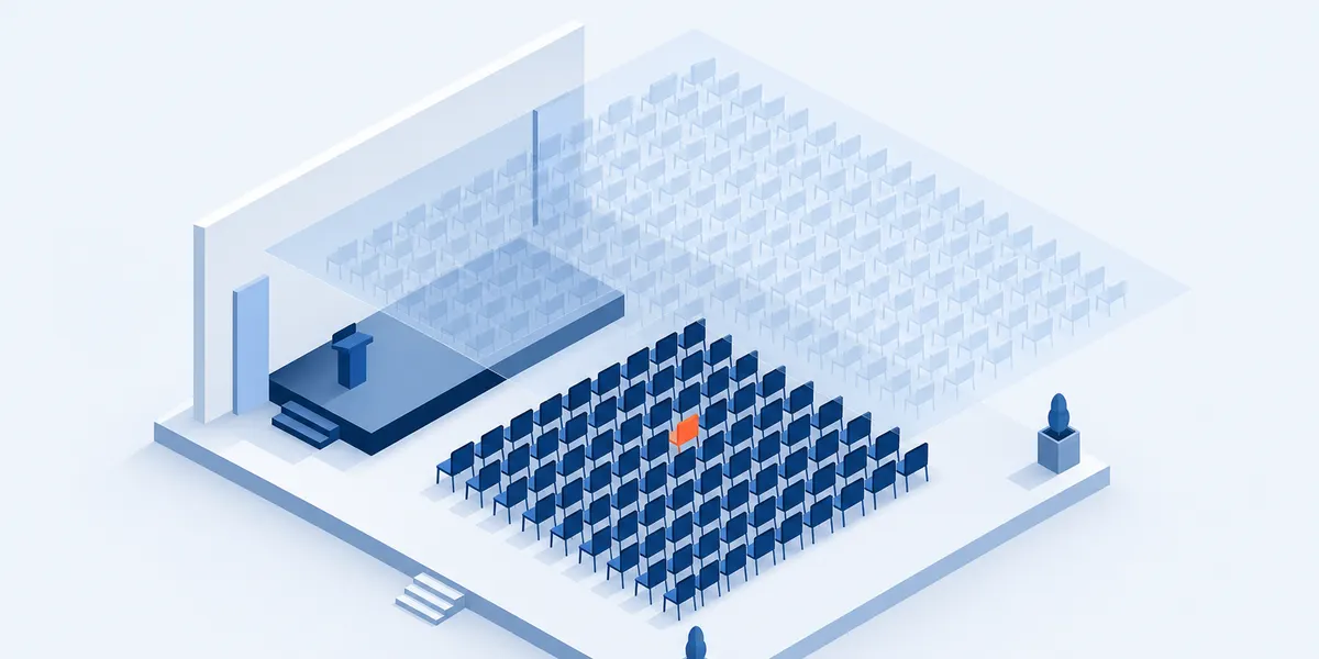 Isometric illustration of a hall with a solid block of seats and a larger translucent grid of seats floating above it, representing a reported attendance figure standing over a counted one