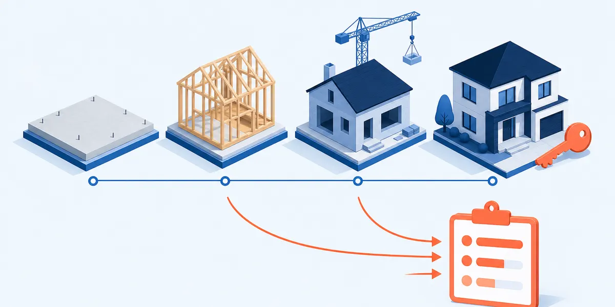 Four isometric construction stages from slab to finished building, with three arrows looping back to a small rating card