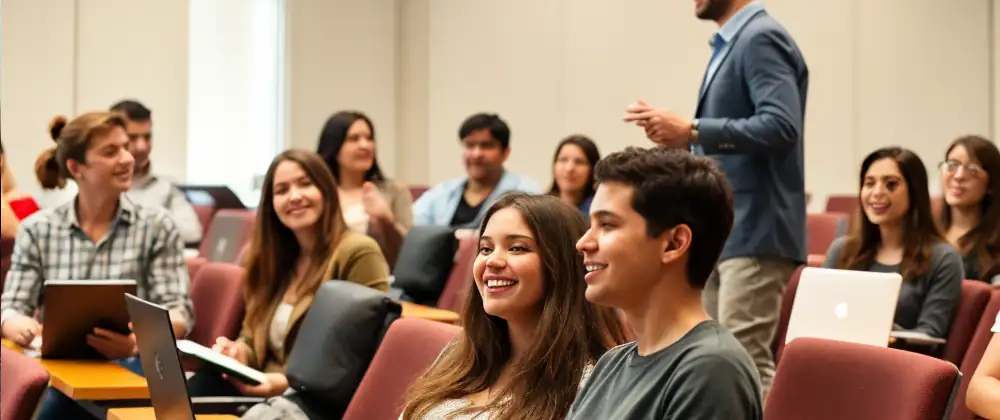 Students sitting in a lecture as a teacher walks behind them