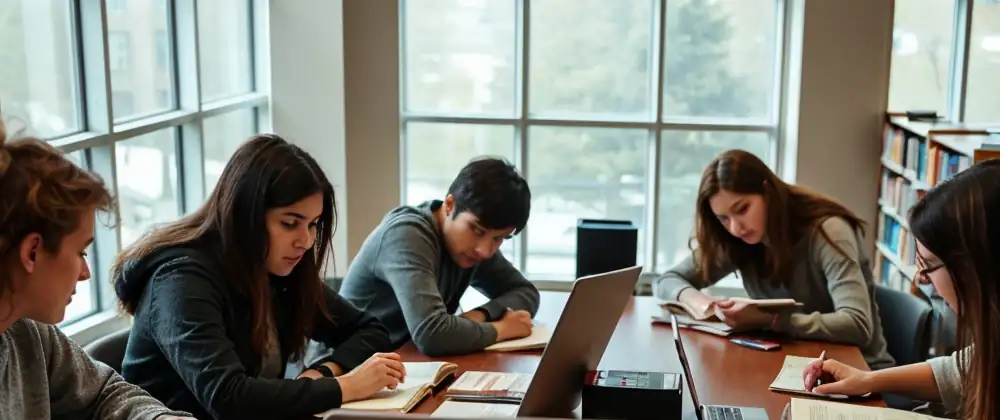 Students sitting in at a desk in a library taking a course feedback form