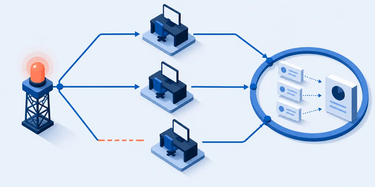 An isometric diagram of an incident alert fanning out along three channels to three desks, with one channel drawn as a broken line so the message never arrives, and all three converging at the right into a ring where feedback cards are collected into a single report