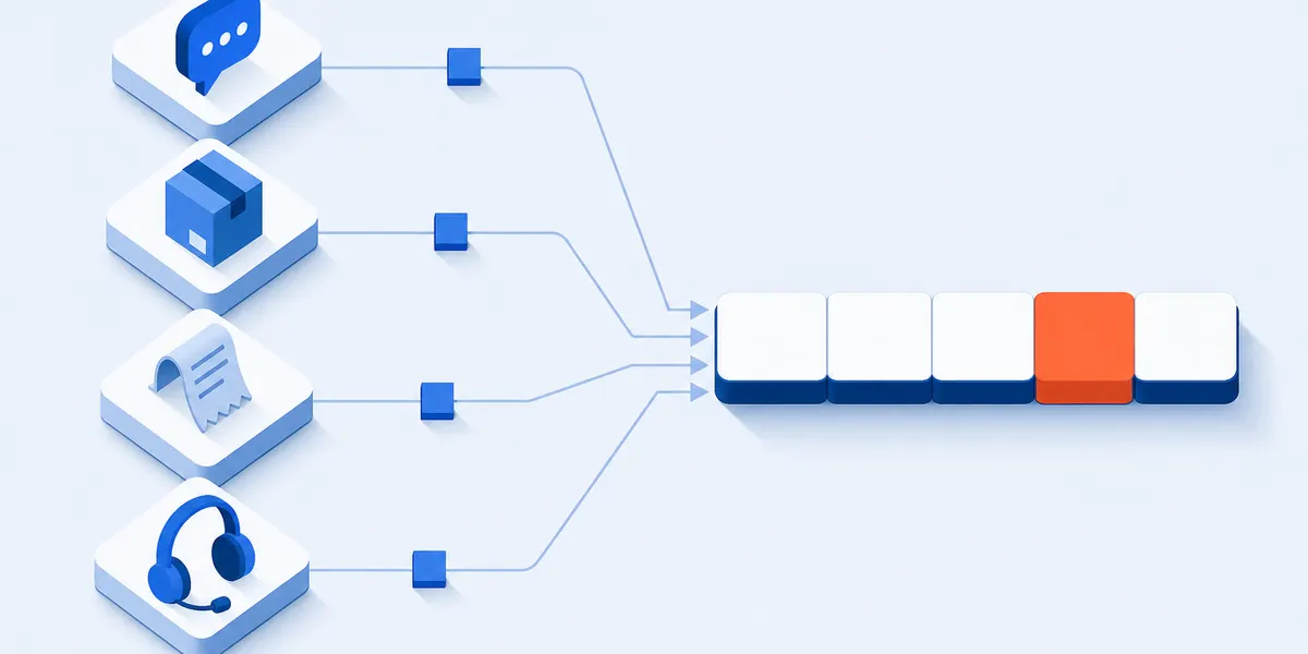 Four service moments, a chat bubble, a parcel, a receipt and a headset, each sending a token along a line into one five-segment rating bar with its fourth segment in orange