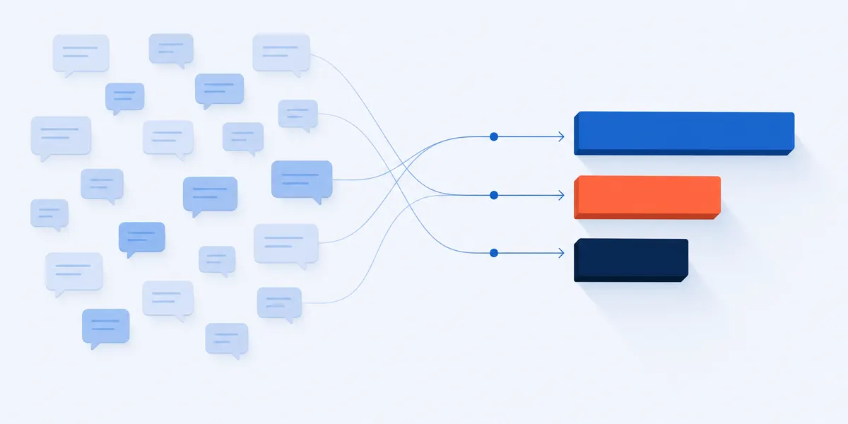 Scattered speech bubbles on the left resolving into three counted bars on the right
