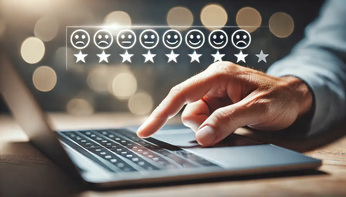 Finger over a keyword with a montage of smiley faces representing someone taking a customer loyalty survey