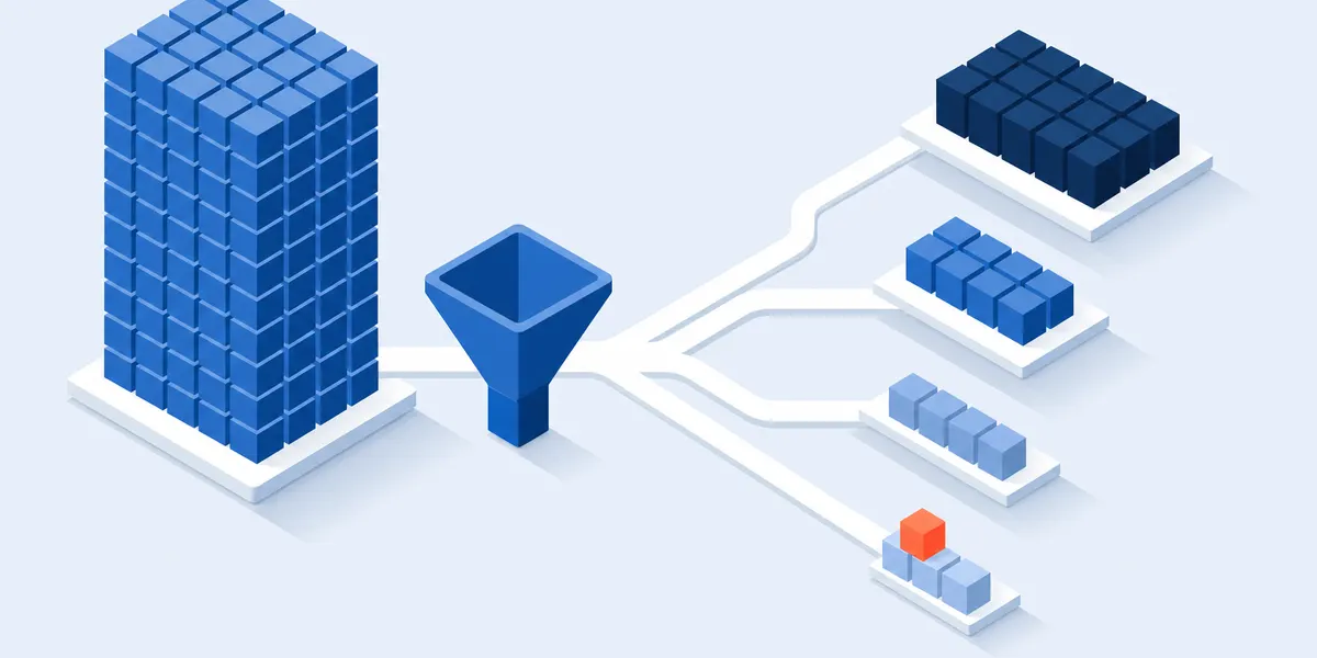 A tall stack of identical small blocks on the left sorted through a funnel into four separate groups of different sizes on the right, with one block picked out in orange