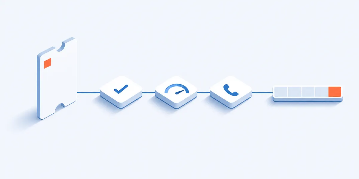 A single small shape enters on the left, passes through three linked stages that lighten from left to right, and leaves on the right as one tick inside a circle