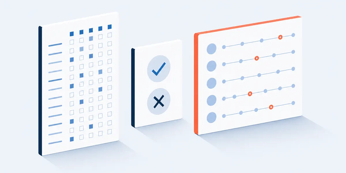 Three document panels side by side: a grid of small checkboxes, a card showing a tick and a cross, and a panel of rating scales highlighted in coral