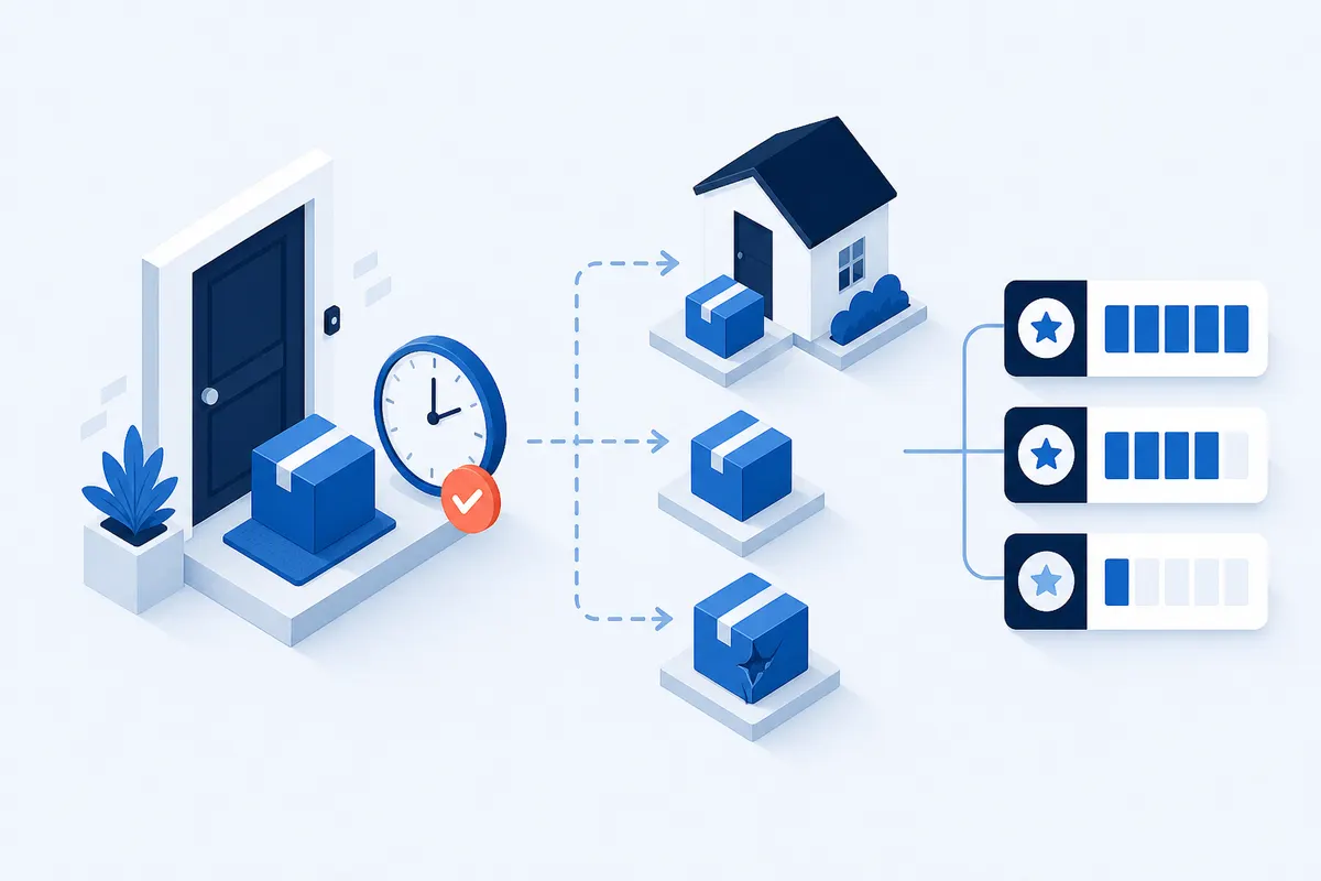 An isometric doorstep scene with a parcel left at a door beside a time marker, a second parcel redirected to a neighbor along a dashed arrow, and a third with a crushed corner, all three feeding into a short stack of rating bars