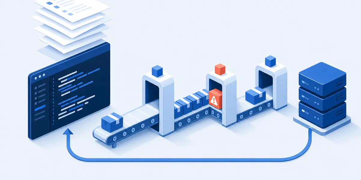 An isometric code editor sending parcels along a conveyor through three pipeline gates to a server stack, with the middle gate jammed and a queue of parcels behind it, a loop arrow returning from the servers to the editor, and a stack of papers above the editor