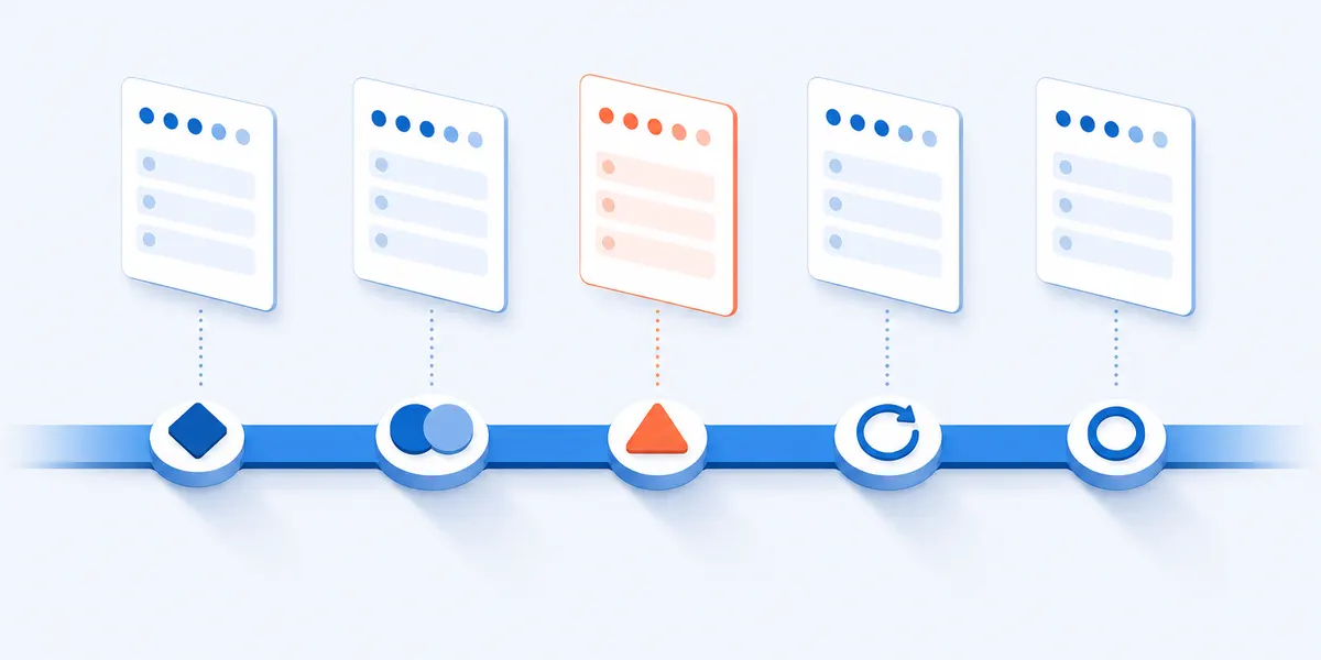Employee experience survey moments: five waypoints on a timeline, each with a short survey card above it, one picked out in orange
