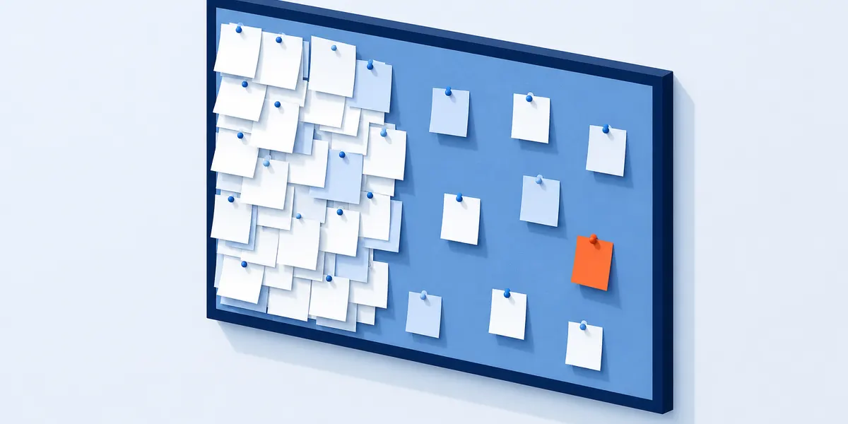 A pinboard where most of the pinned notes are crowded into one corner and the rest of the board holds a scattered few, one of them a different colour