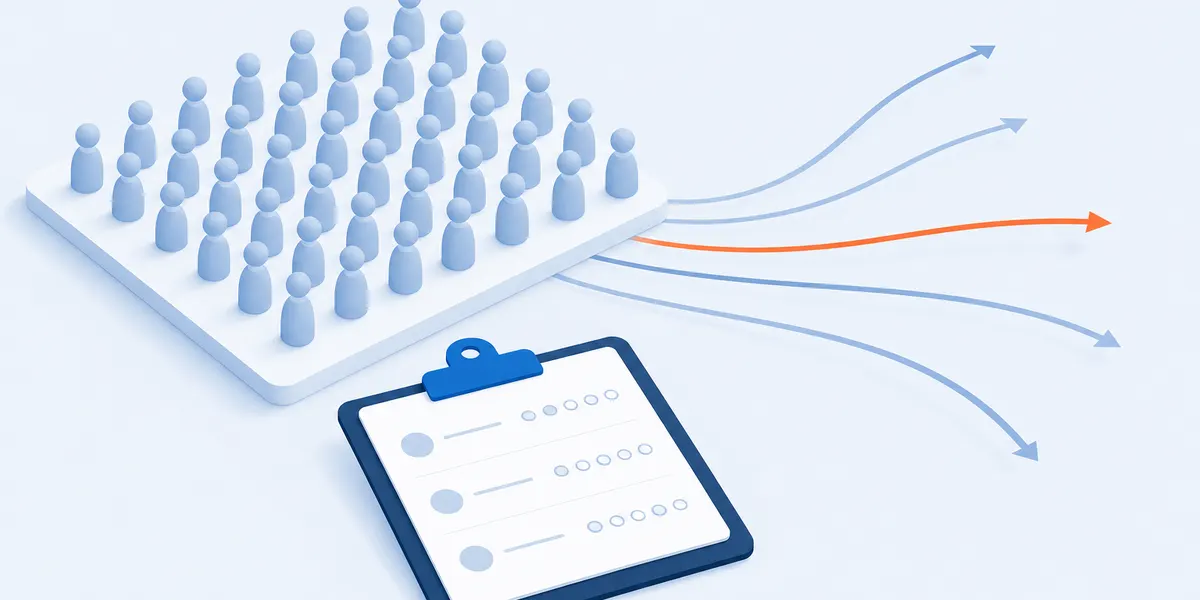 A whole team standing together on one platform while a few arrows curve away from its edge, one of them picked out in orange, beside a short anonymous rating form