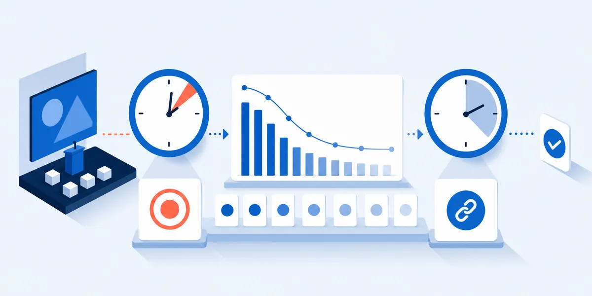 Event feedback survey timing shown as two clocks: a short gap from the event to the ask, then a longer curve of replies arriving fast on day one and flattening by day seven