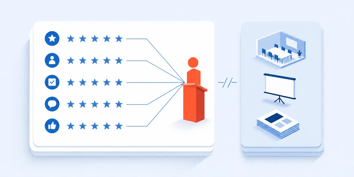 Facilitator feedback scope: five rating rows converging on one person at a lectern, with the room, the screen and the handouts held on a separate card outside the score