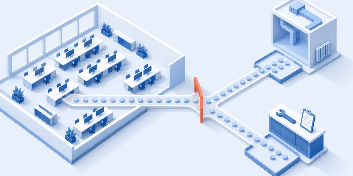 Isometric cutaway of an open office floor plate on the left, with small pale blue tokens leaving the desks along a single channel that divides at a slim coral bar into two equal lanes, the upper lane ending in a tray beneath a building shell holding ducts and a radiator, the lower lane ending in an identical tray beneath a service counter holding a wrench and a clipboard