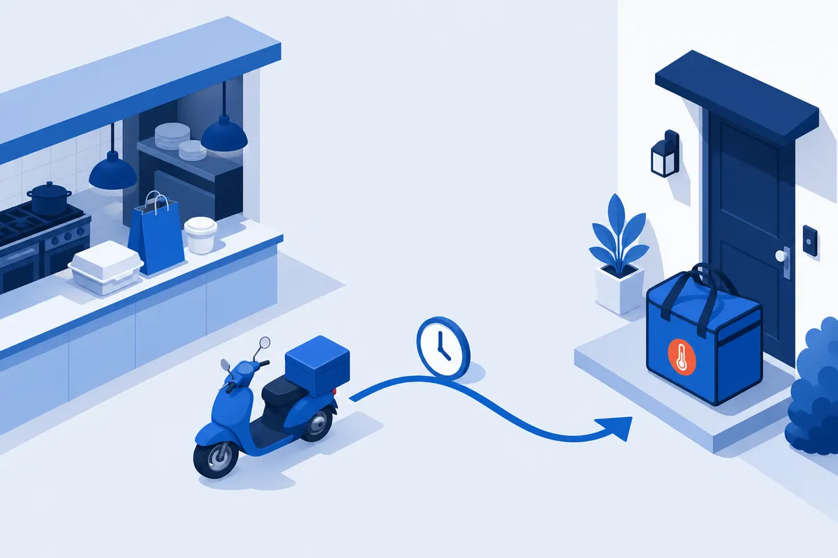 An isometric food order journey from a restaurant kitchen pass, along a curved courier route with a small clock marker, to an insulated bag arriving at a doorstep with a temperature indicator
