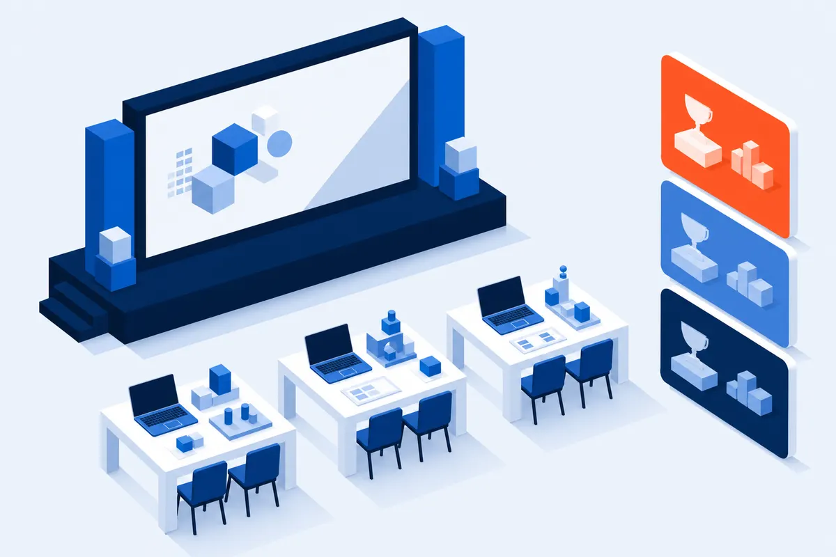 An isometric hackathon room: three team tables carrying laptops and part-built prototypes facing a large demo screen, with three award cards stacked to one side
