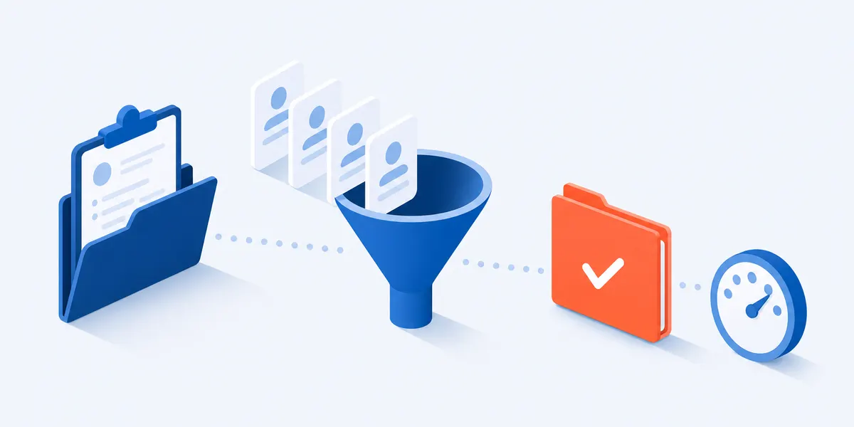 An isometric flow from left to right: a folder with a clipboard for the intake brief, a funnel with a few plain profile cards passing through, a closed folder with a check mark, and a small rating dial