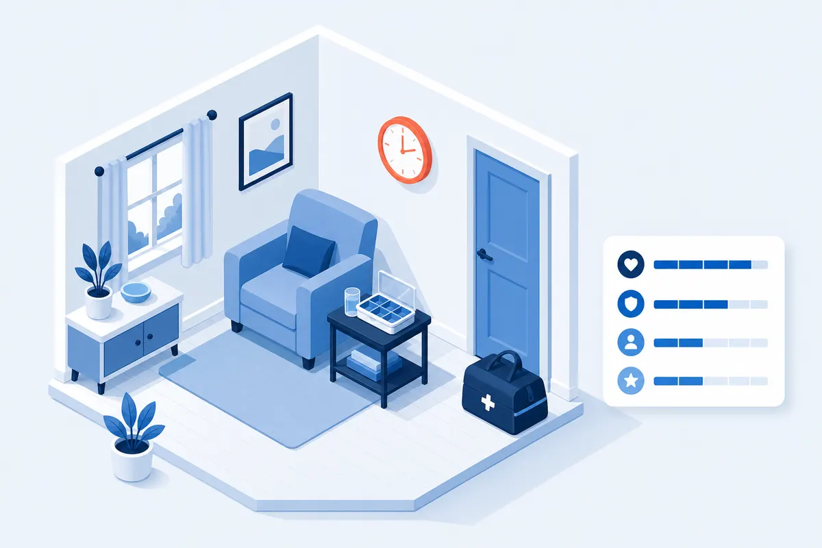 An isometric cutaway of a living room with an armchair by the window, a clock on the wall, a bag marked with a medical cross beside the front door, and a floating card to the right showing four rows of rating bars