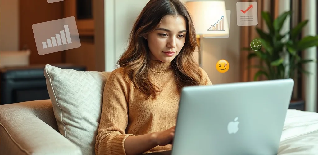 hotel guest taking a hotel guest satisfaction survey on a laptop in a warmly lit hotel room