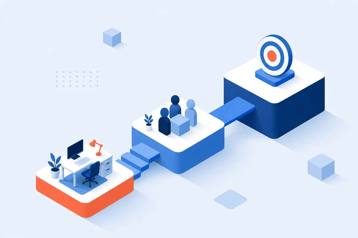 An isometric onboarding path of three ascending platforms connected by a route, the first holding a set-up desk and equipment, the second a small cluster of colleagues, the third a target ring