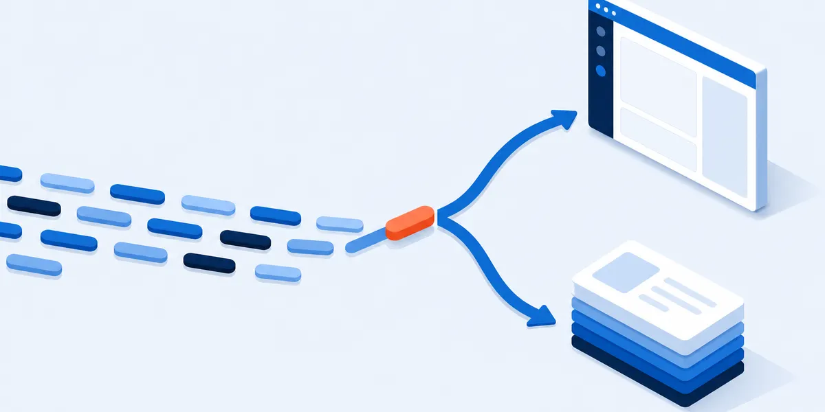 Answer bars flowing along a single track to a junction that routes them into two separate destinations, an application window on one branch and a stack of content cards on the other, with one coral bar still sitting at the junction