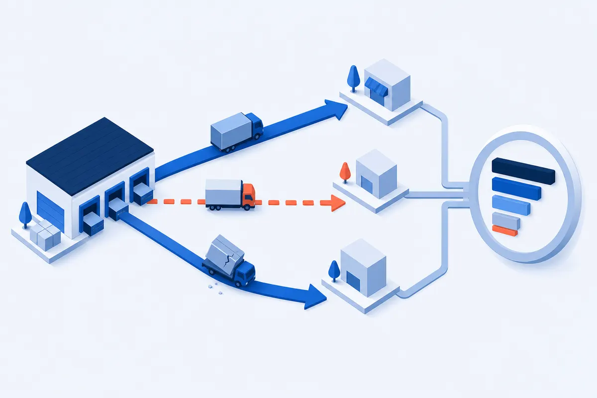 An isometric view of three shipment lanes leaving a warehouse dock, one arriving on target, one arriving late as a broken dashed line, one carrying a tilted crate, all three converging into a single ring of stacked rating bars