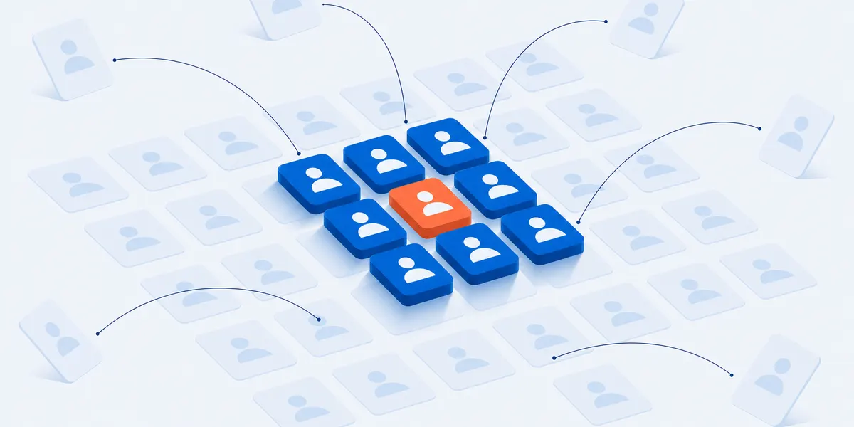 Membership survey response diagram: a wide grid of member cards with a small central cluster raised forward to represent the replies received, and cards at the edges fading away to represent members the survey never reached