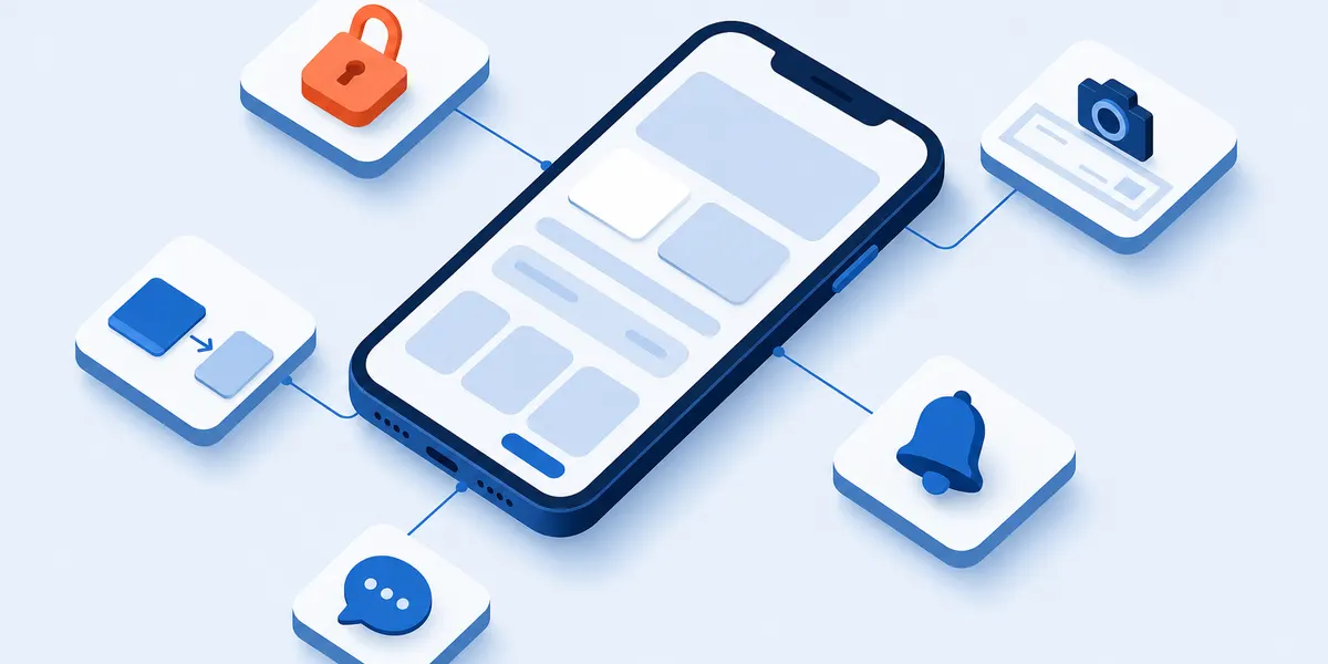 An isometric smartphone with a blank banking screen, linked to five tiles: a padlock highlighted in coral, a transfer between two cards, a camera over a check, an alert bell and a help speech bubble