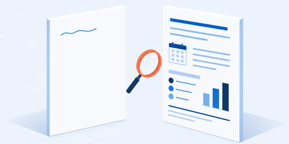 Two blank forms side by side, one nearly empty with a single scribbled line and one filled with dated entries, a calendar mark and three bars of evidence, with a magnifier between them