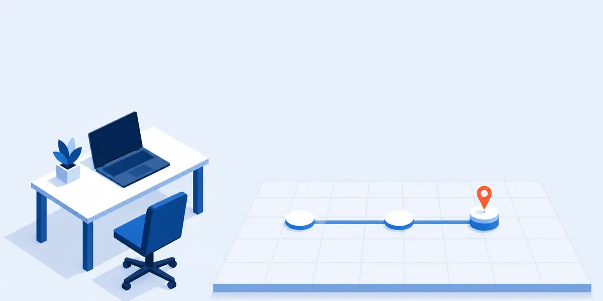 An empty desk with a laptop and chair beside a flat calendar grid, with three points joined in a line running across it and a marker standing on the last one