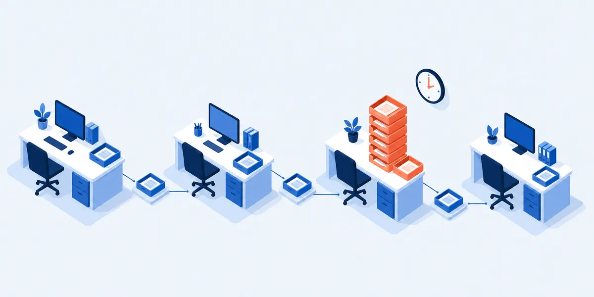 Isometric view of one team as four connected desk clusters passing trays of work between them, with a queue of waiting trays built up at the third cluster