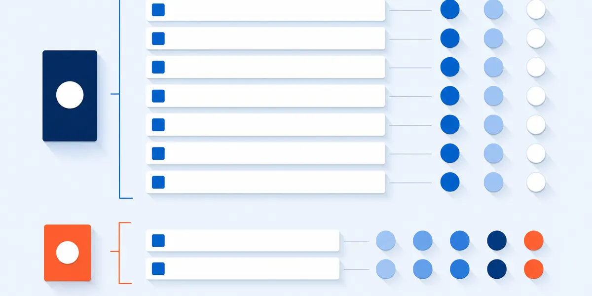 Patient satisfaction survey items split in two: a long row of things that either happened or did not, and a short row of judgement items, each row ending at its own answer scale