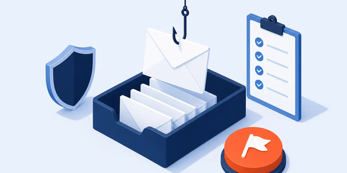 An isometric inbox tray of plain envelopes with one lifted out on a fishing hook, beside a shield, a checklist on a clipboard and a large report button with a flag