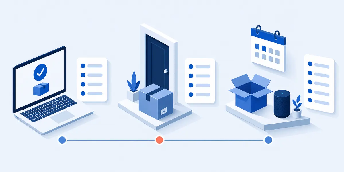 Three post-purchase survey sends on one timeline: a four-question survey beside a checkout confirmation, a four-question survey beside a parcel at a door, and a six-question survey beside an unboxed product and a calendar two weeks later