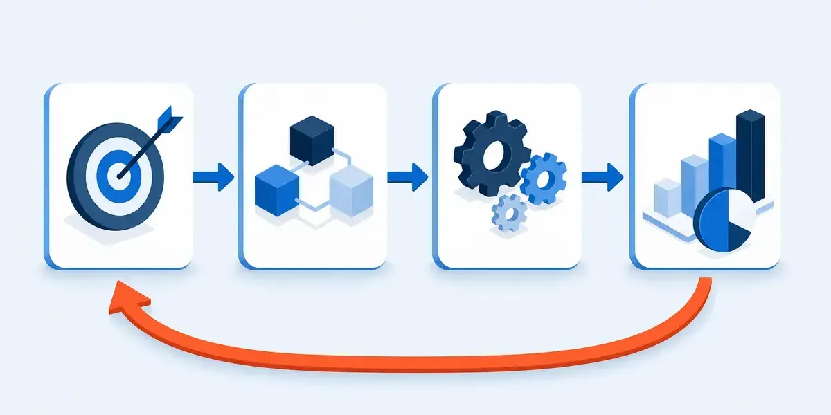 Four stages of a workflow shown as connected cards with arrows between them, and a single arrow curving back from the last stage to the first