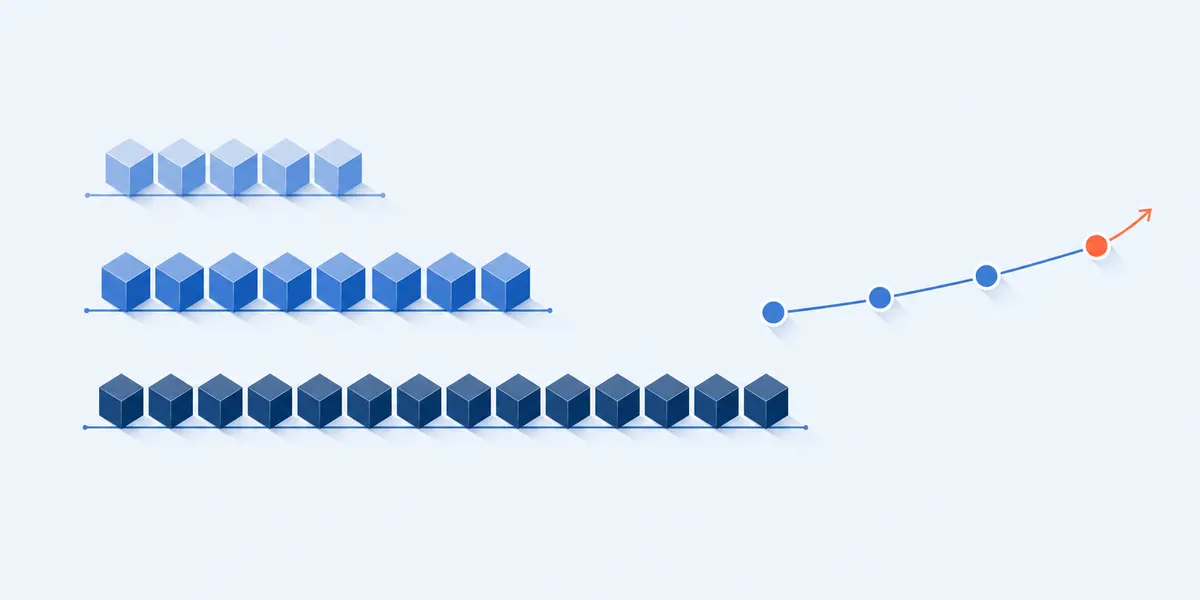 Three rows of tiles, five, nine and fourteen long, beside a line running through five marker dots