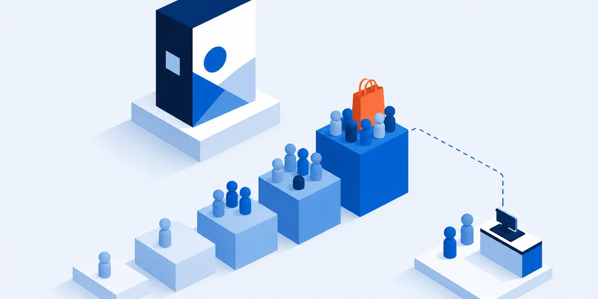 An isometric product box beside five rising steps with small figures on them, most on the upper steps, and a dashed line from the top step to a checkout counter