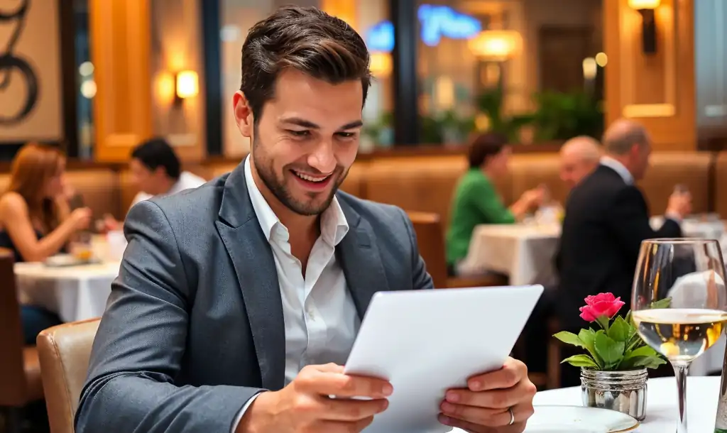 A man conducting a restaurant satisfaction survey while at lunch