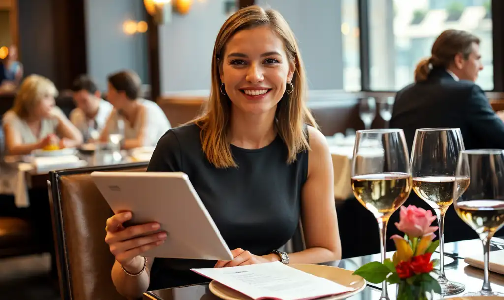 A lady conducting a restaurant satisfaction survey while at lunch